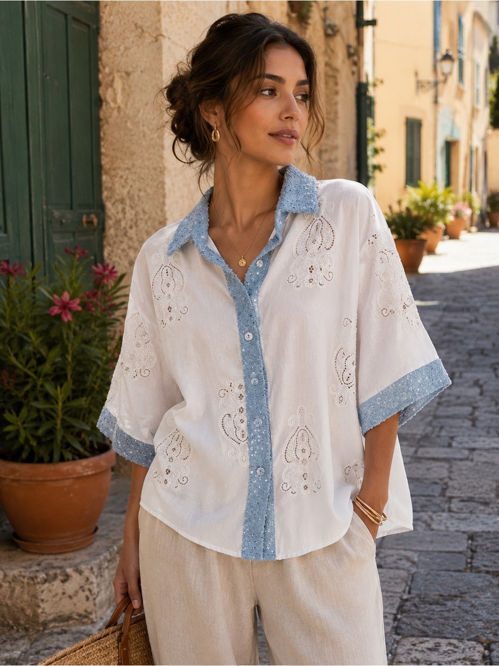 Light Blue-Trim White Eyelet Button-Down Shirt.